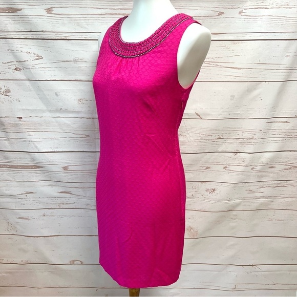 Vineyard Vines Hot Pink Fuchsia Turquoise Beaded Necklace Silk Dress - Picture 5 of 10